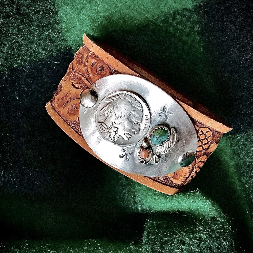 Leather /turquoise cuff, up to 6 1/2” wrist